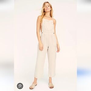 Free People Natural Sights Beige Linen Overalls In XS
